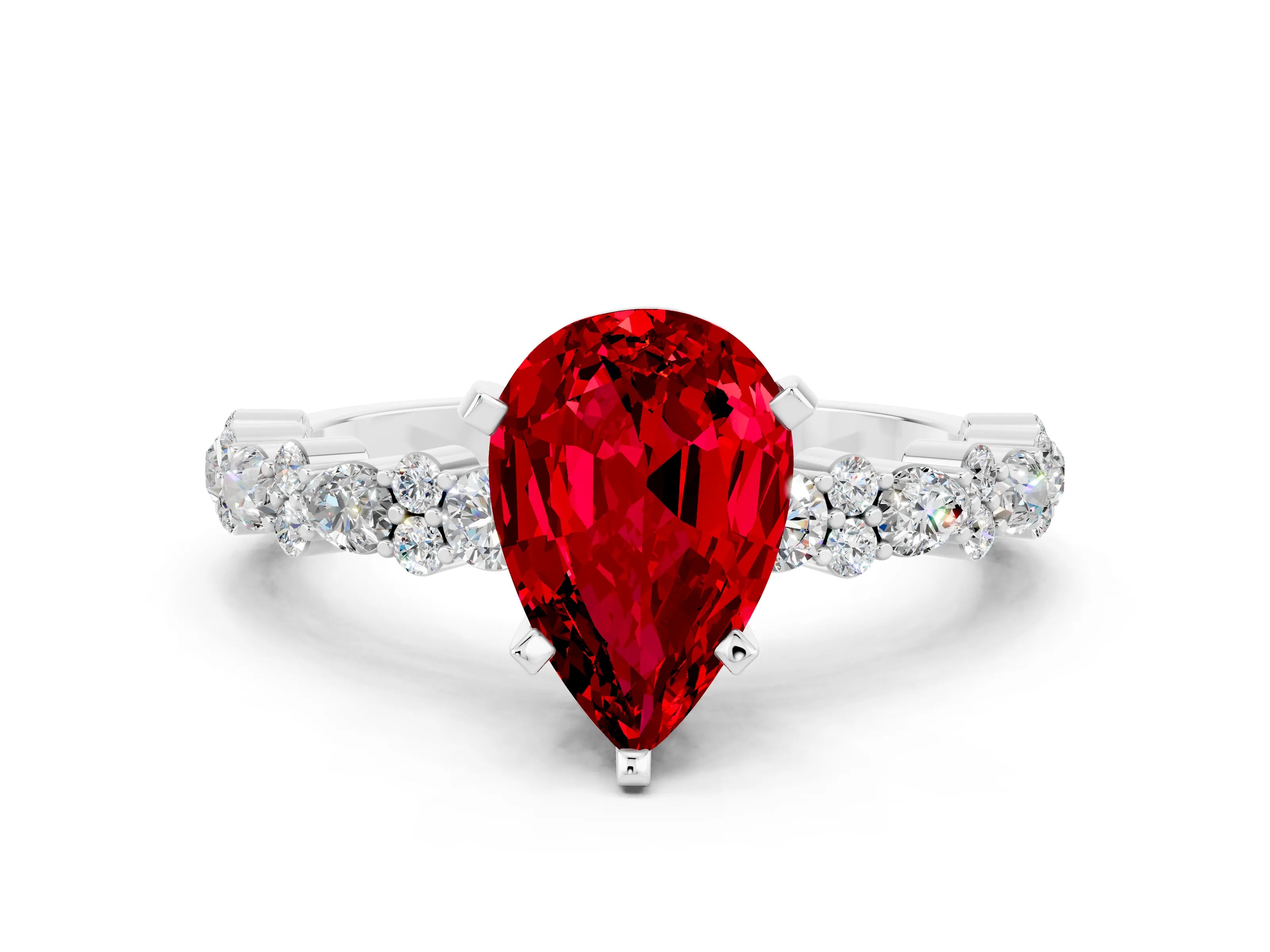 White gold Fancy White Pear Cut Ruby Solitaire with Side Stones, Pave Band, Four-Prong Setting