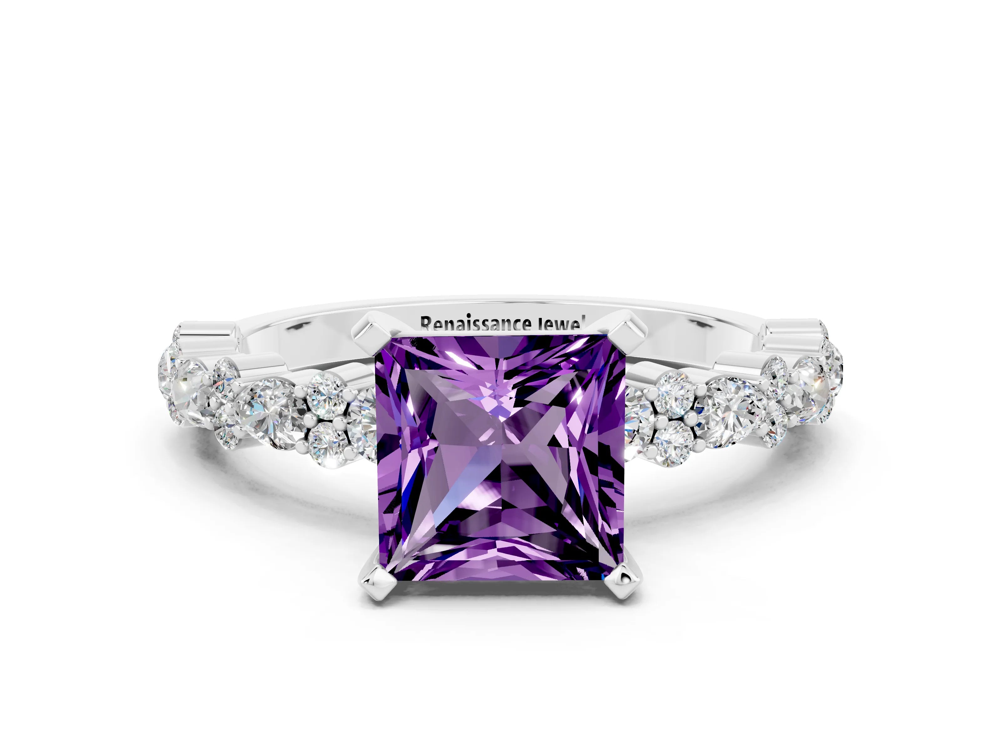 White gold Fancy White Princess Cut Amethyst Solitaire with Side Stones, Pave Band, Four-Prong Setting_12