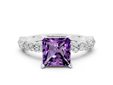 White gold Fancy White Princess Cut Amethyst Solitaire with Side Stones, Pave Band, Four-Prong Setting_12