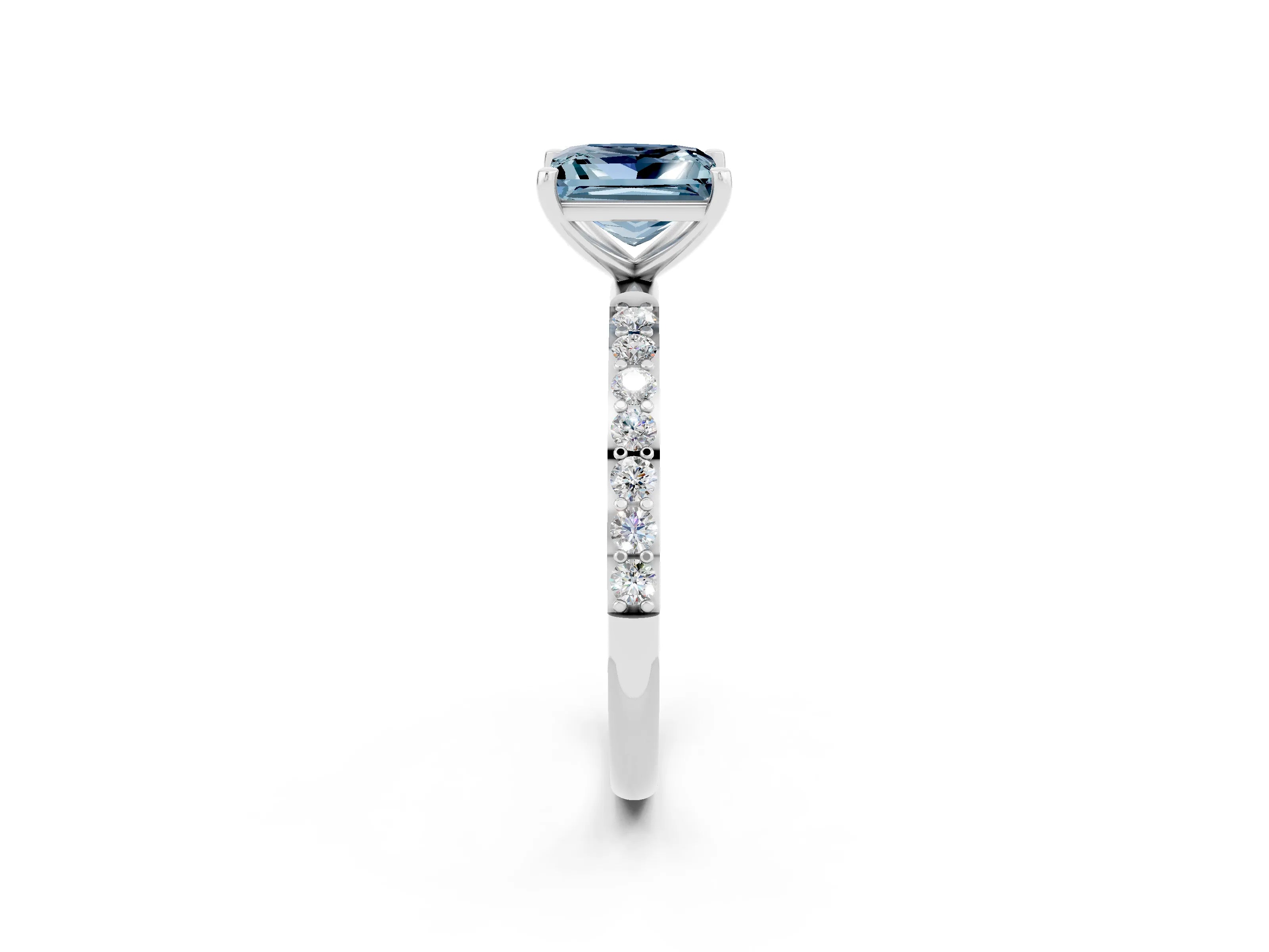 White gold Fancy White Princess Cut Aquamarine Solitaire Ring with Pave Band and Four Prong Setting_2