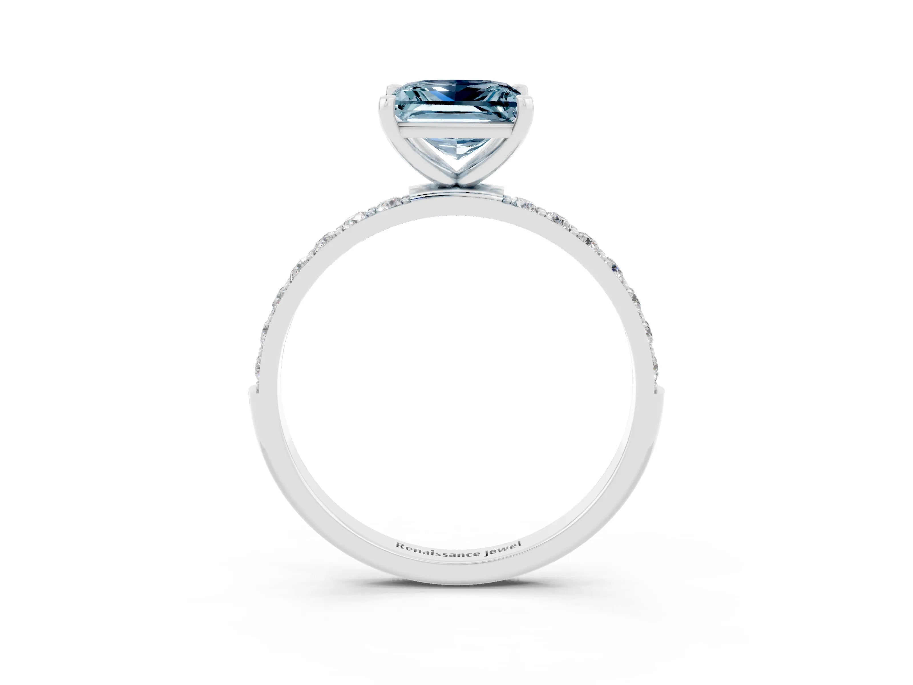 White gold Fancy White Princess Cut Aquamarine Solitaire Ring with Pave Band and Four Prong Setting_3