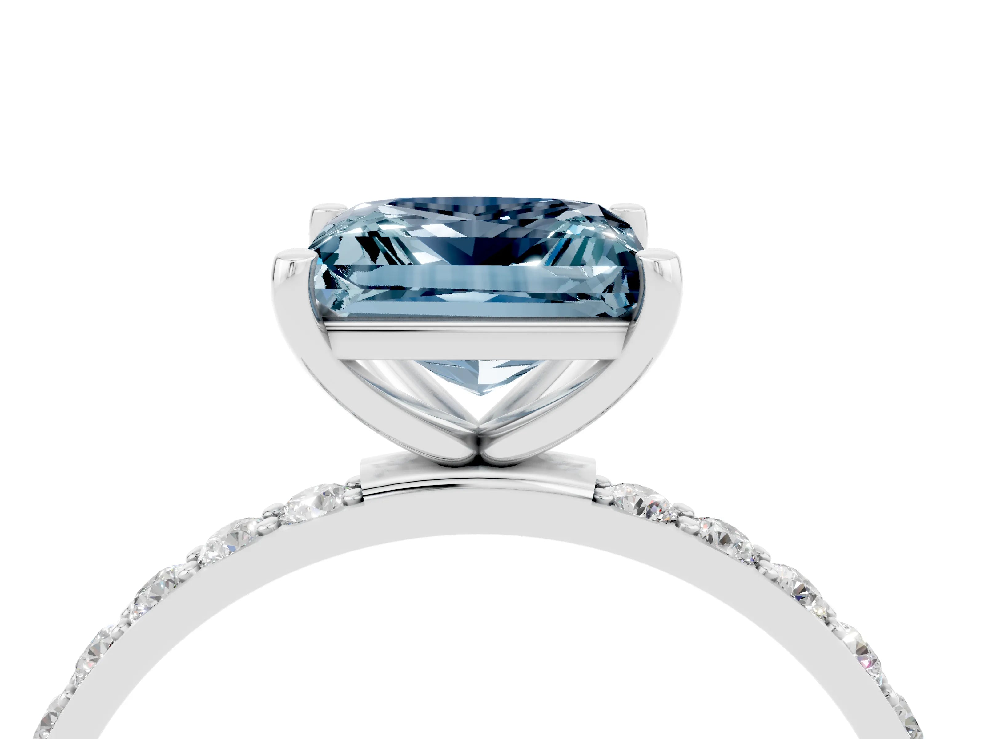 White gold Fancy White Princess Cut Aquamarine Solitaire Ring with Pave Band and Four Prong Setting_4
