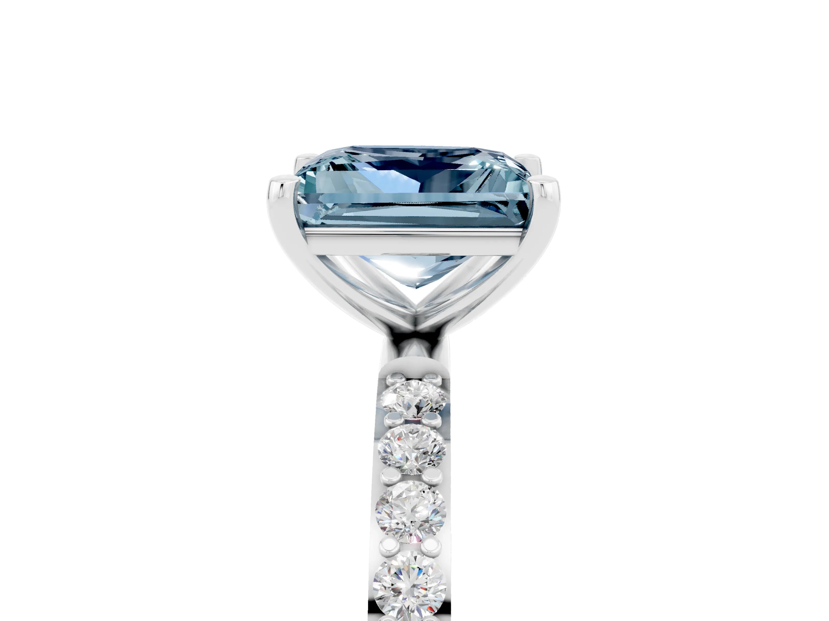 White gold Fancy White Princess Cut Aquamarine Solitaire Ring with Pave Band and Four Prong Setting_5