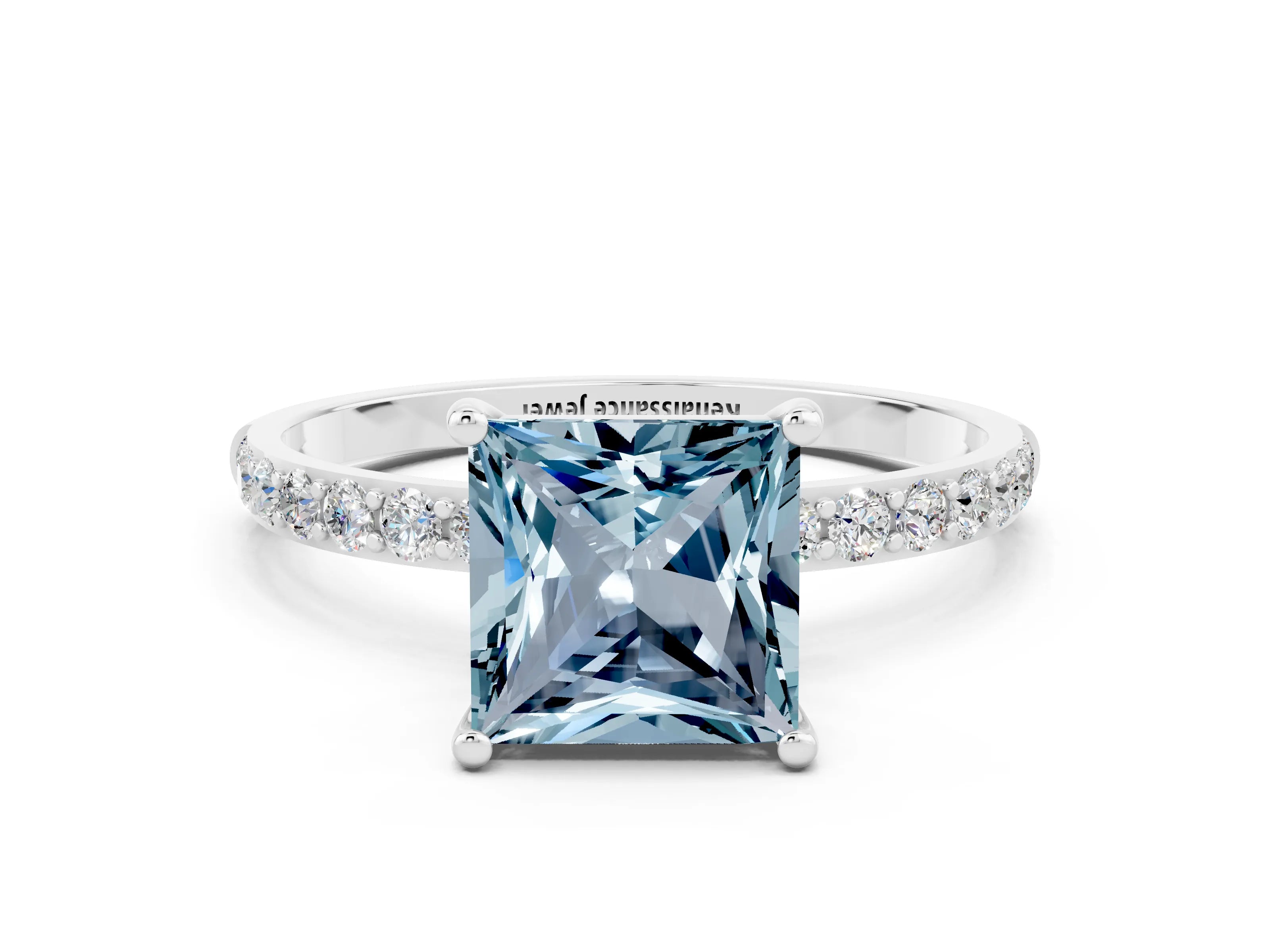 White gold Fancy White Princess Cut Aquamarine Solitaire Ring with Pave Band and Four Prong Setting