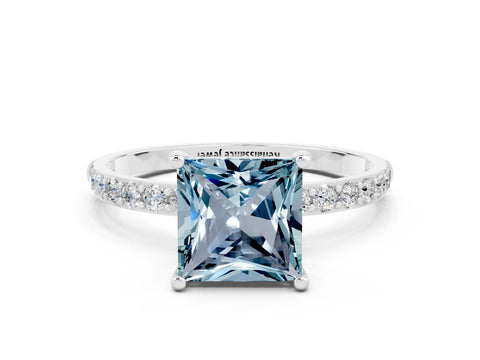 White gold Fancy White Princess Cut Aquamarine Solitaire Ring with Pave Band and Four Prong Setting