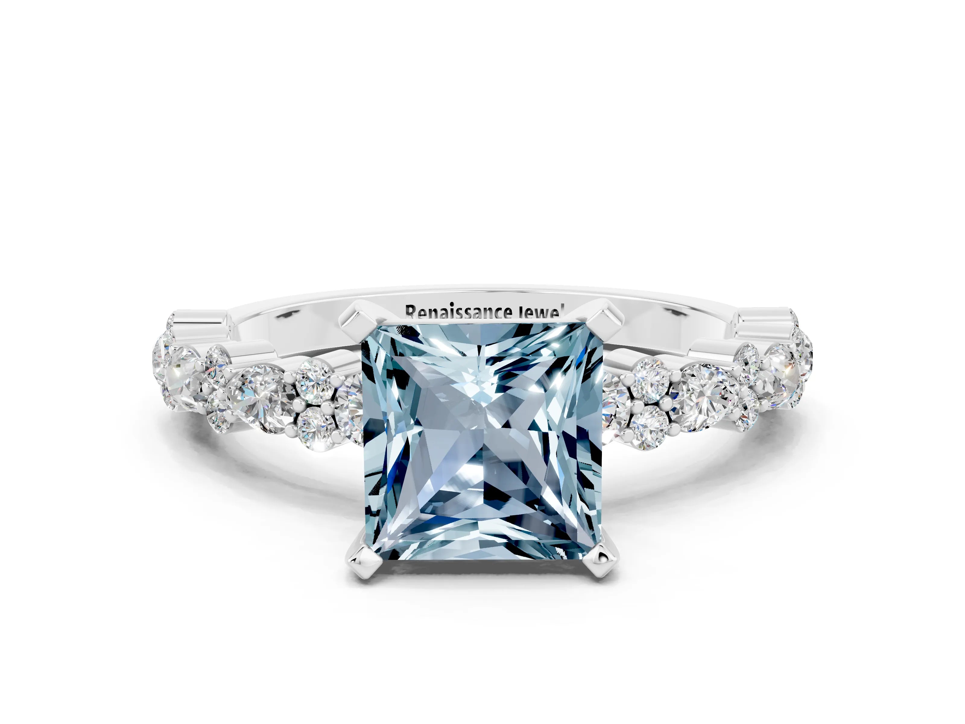 White gold Fancy White Princess Cut Aquamarine Solitaire with Side Stones, Pave Band, Four-Prong Setting_12