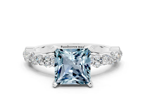 White gold Fancy White Princess Cut Aquamarine Solitaire with Side Stones, Pave Band, Four-Prong Setting_12