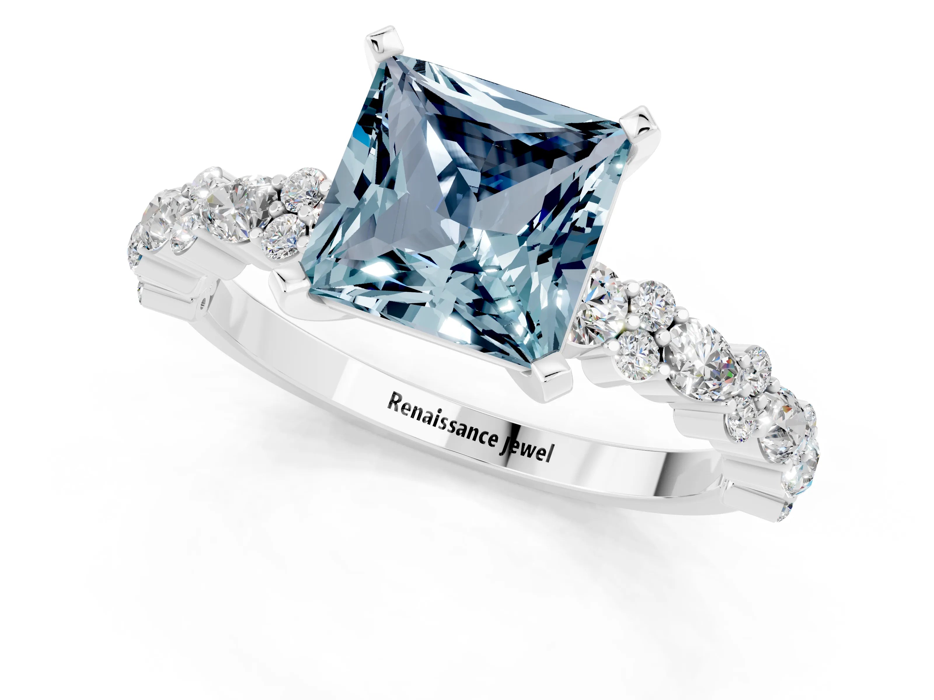 White gold Fancy White Princess Cut Aquamarine Solitaire with Side Stones, Pave Band, Four-Prong Setting_13