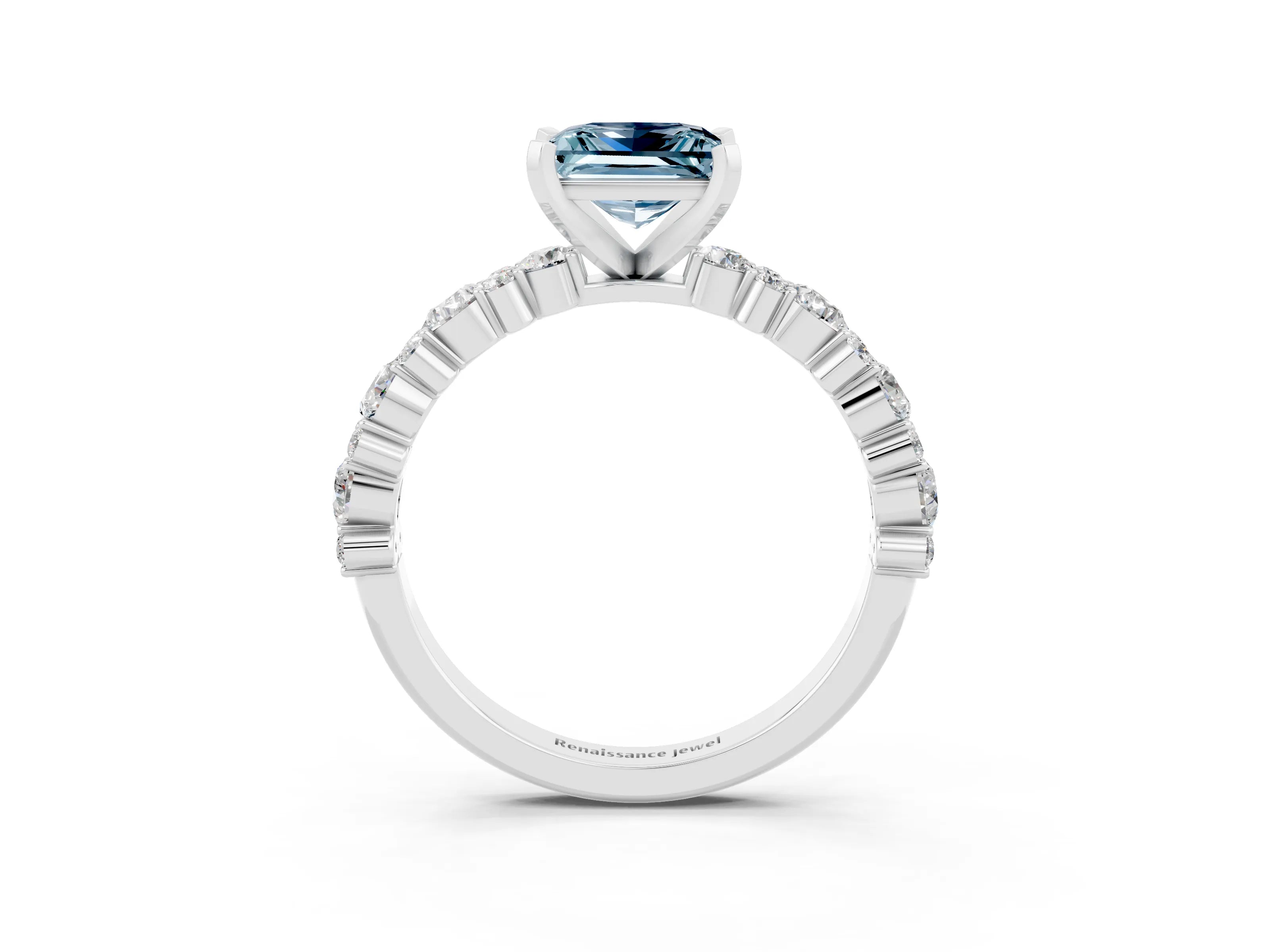 White gold Fancy White Princess Cut Aquamarine Solitaire with Side Stones, Pave Band, Four-Prong Setting_15