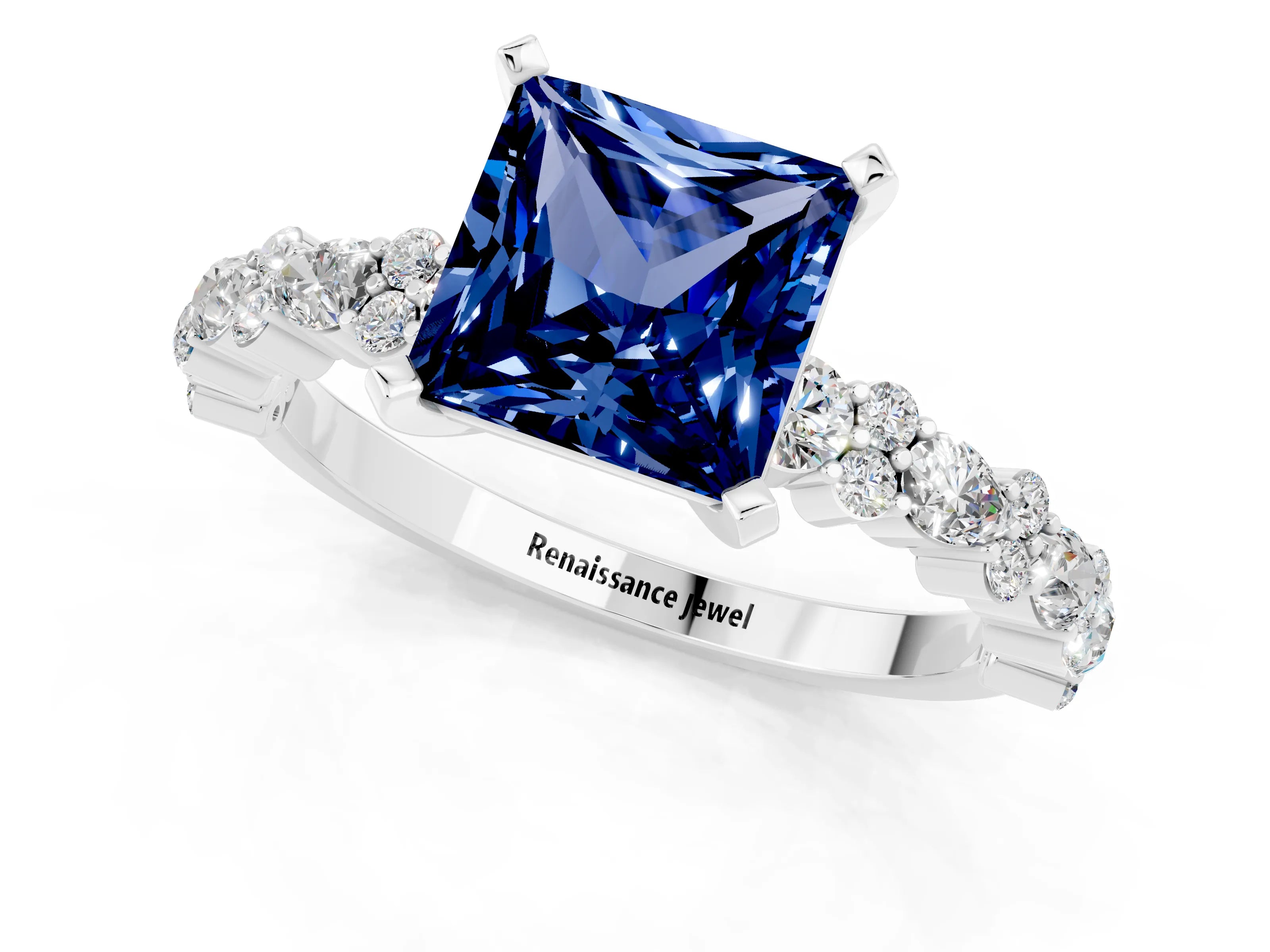 White gold Fancy White Princess Cut Blue Sapphire Solitaire with Side Stones, Pave Band, Four-Prong Setting_13