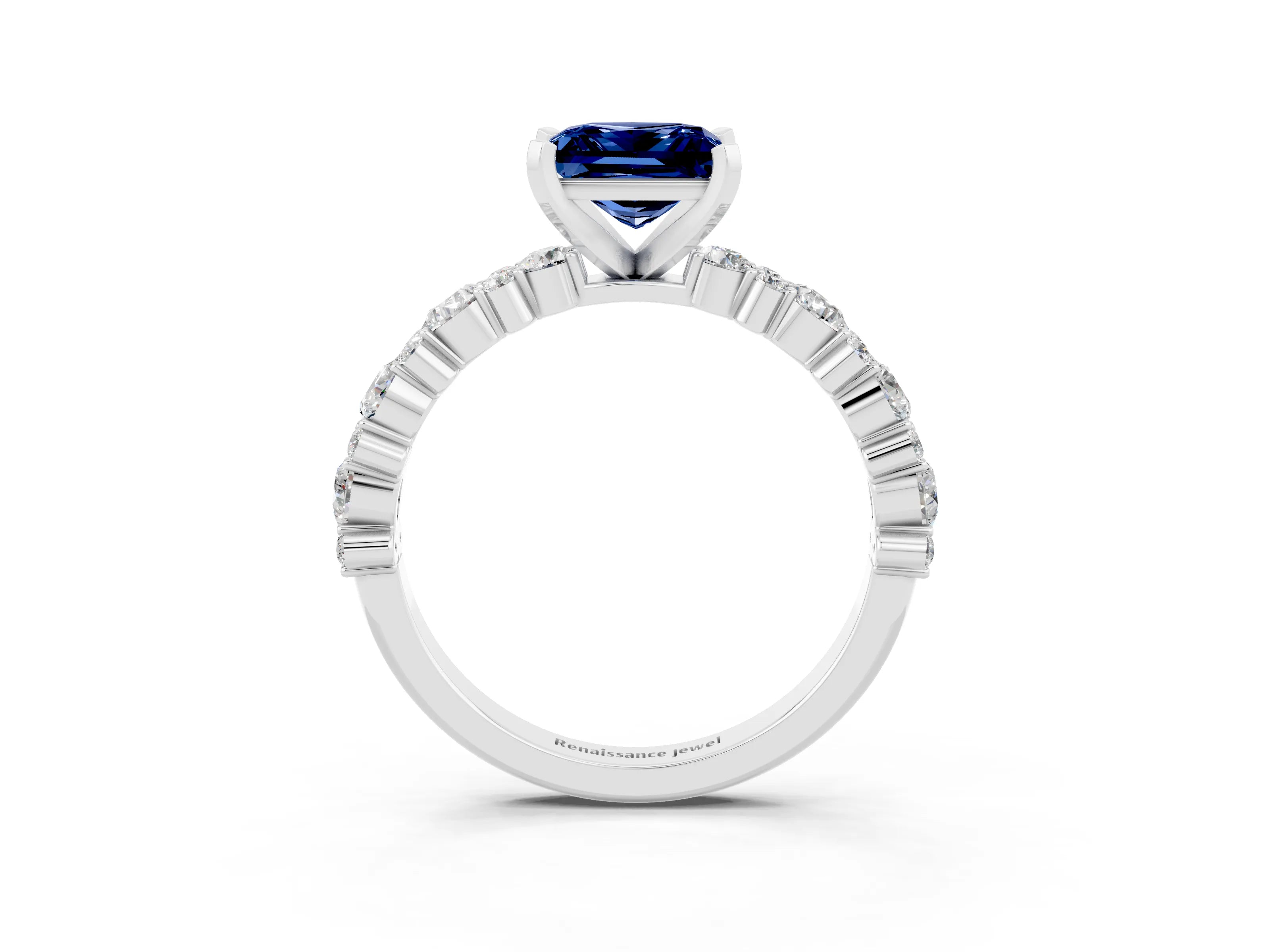 White gold Fancy White Princess Cut Blue Sapphire Solitaire with Side Stones, Pave Band, Four-Prong Setting_15