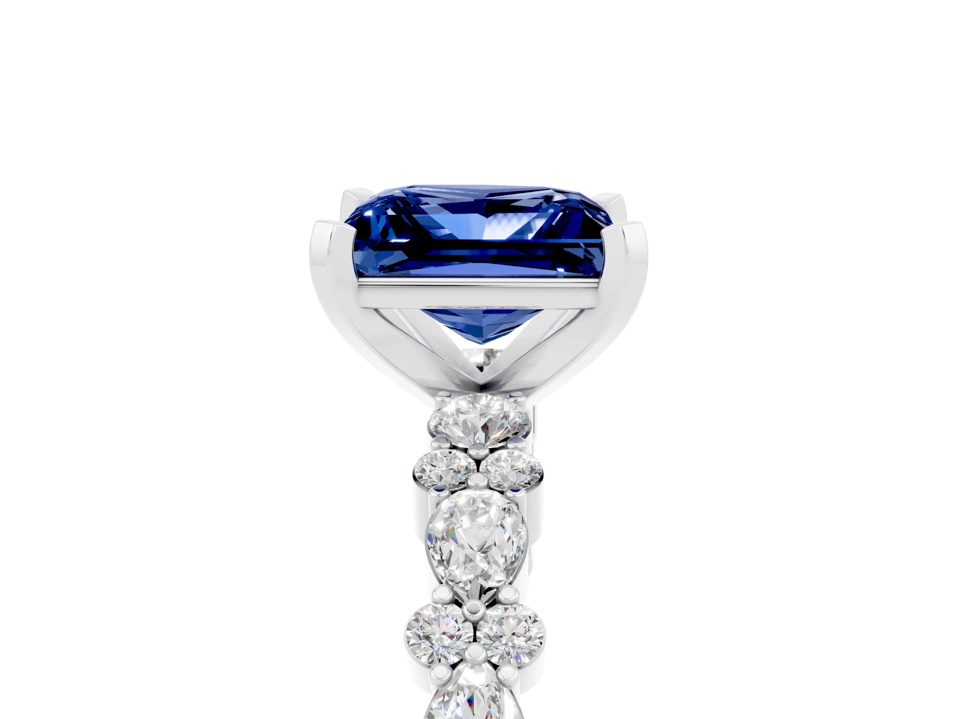 White gold Fancy White Princess Cut Blue Sapphire Solitaire with Side Stones, Pave Band, Four-Prong Setting_17