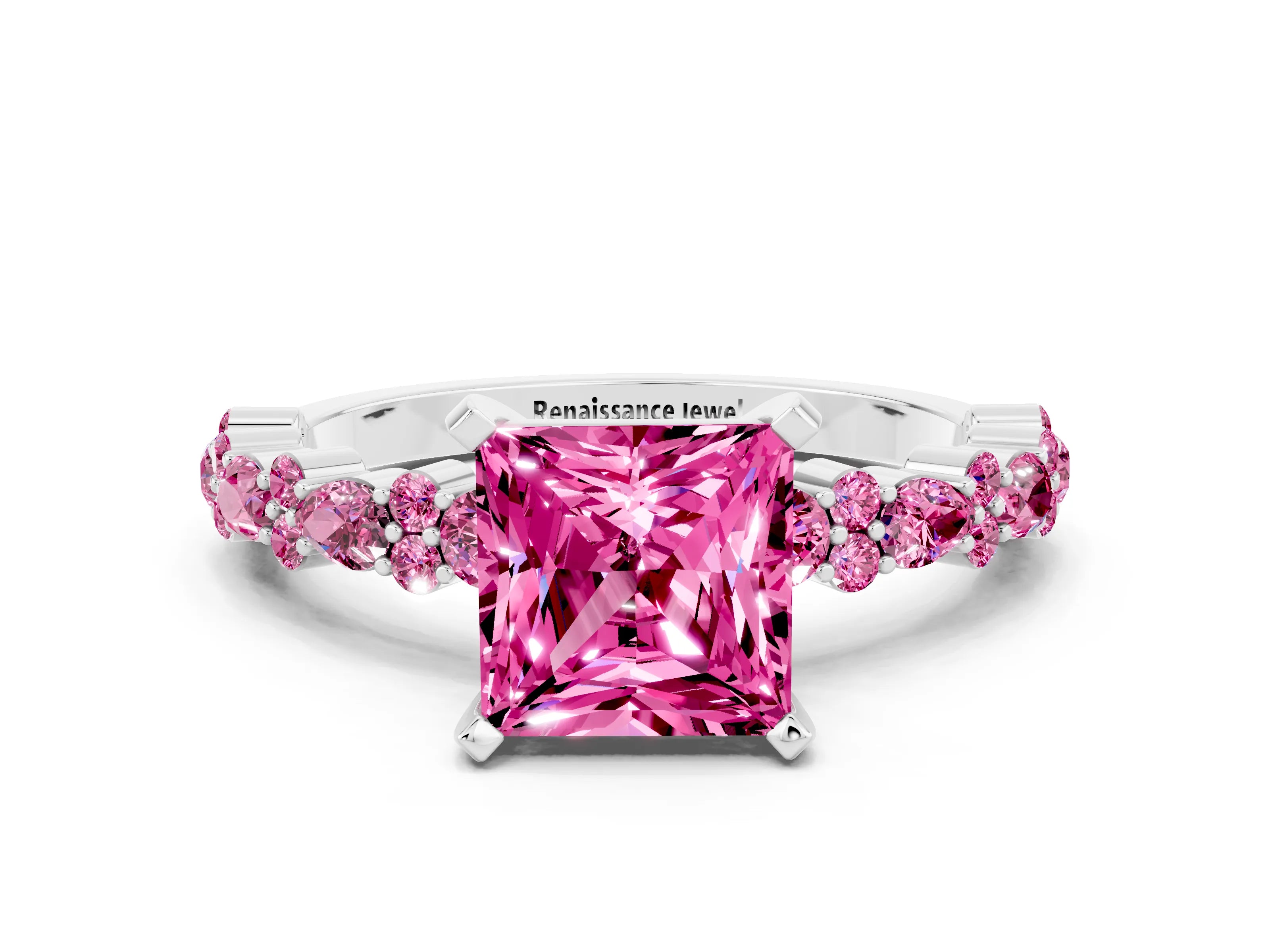 White gold Fancy White Princess Cut Pink Sapphire Solitaire with Side Stones, Pave Band, Four-Prong Setting_12