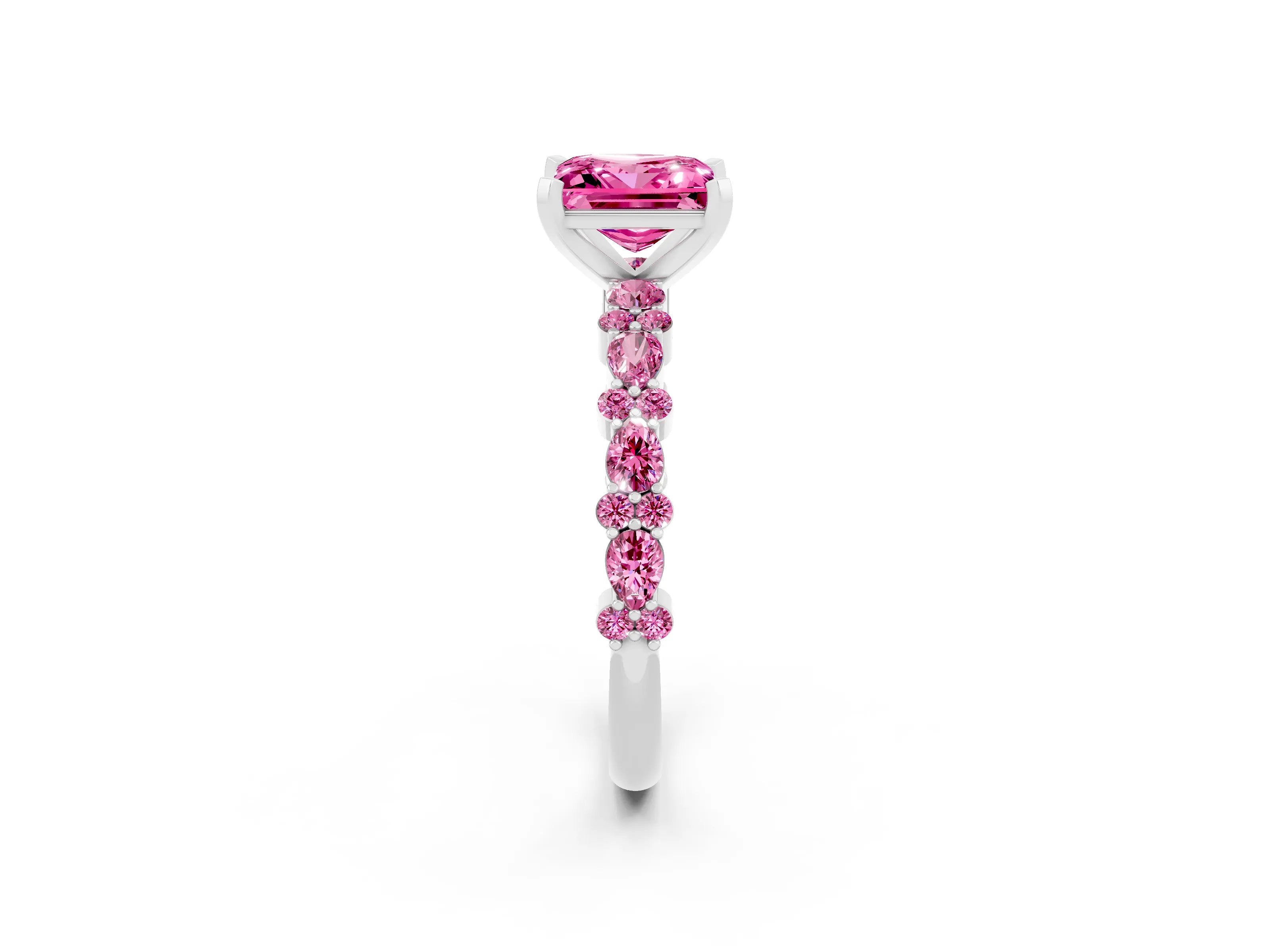 White gold Fancy White Princess Cut Pink Sapphire Solitaire with Side Stones, Pave Band, Four-Prong Setting_14