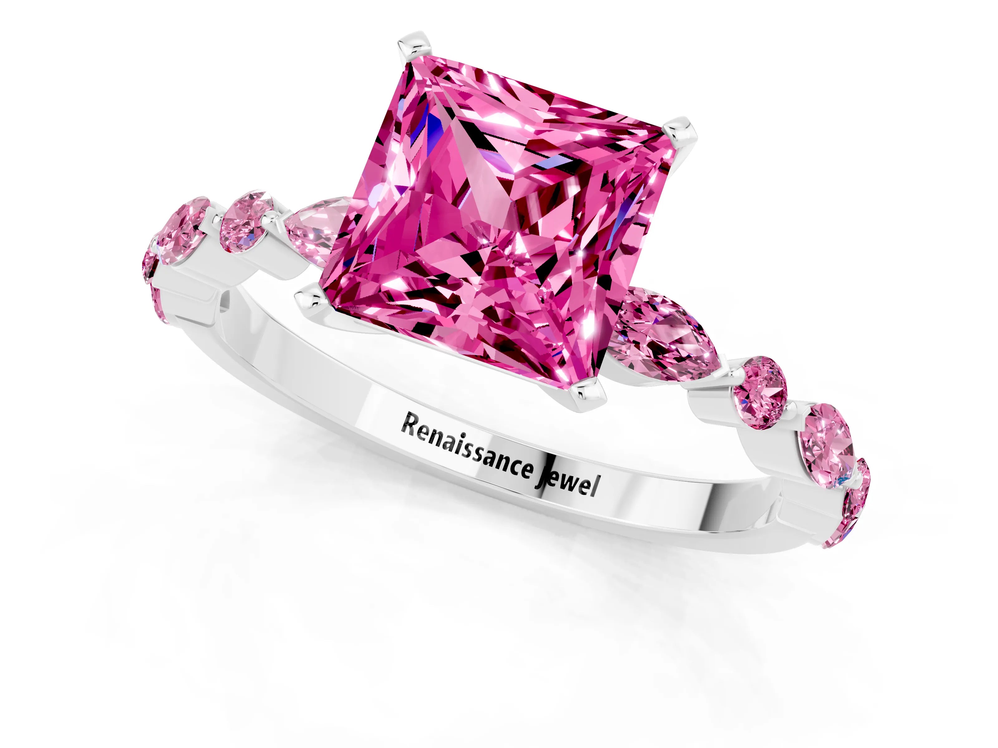 White gold Fancy White Princess Cut Pink Sapphire Solitaire with Side Stones on a Pavé Band and Four-Prong Setting_1