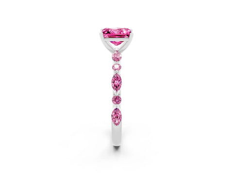 White gold Fancy White Princess Cut Pink Sapphire Solitaire with Side Stones on a Pavé Band and Four-Prong Setting_2