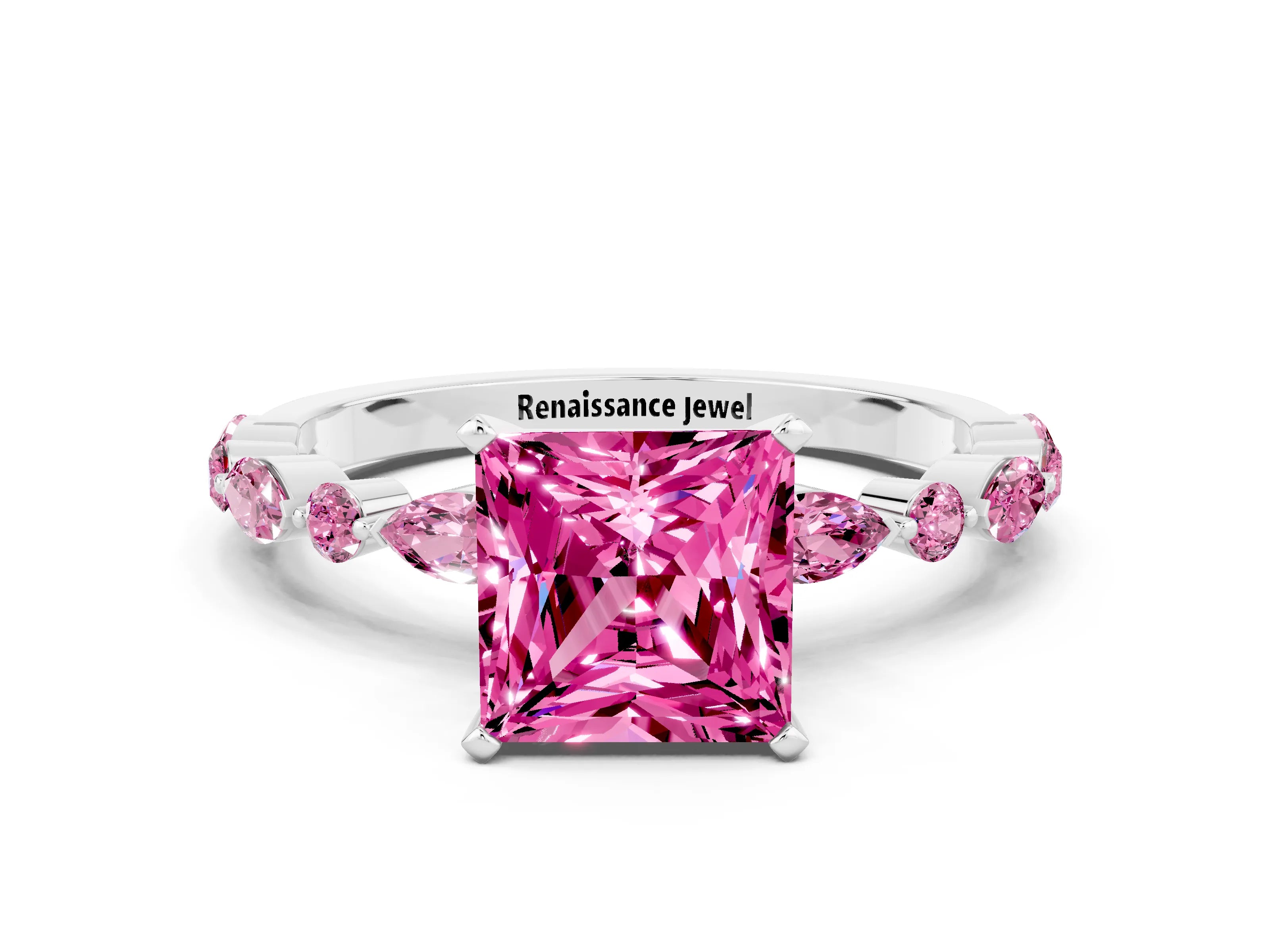 White gold Fancy White Princess Cut Pink Sapphire Solitaire with Side Stones on a Pavé Band and Four-Prong Setting