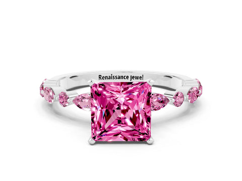 White gold Fancy White Princess Cut Pink Sapphire Solitaire with Side Stones on a Pavé Band and Four-Prong Setting