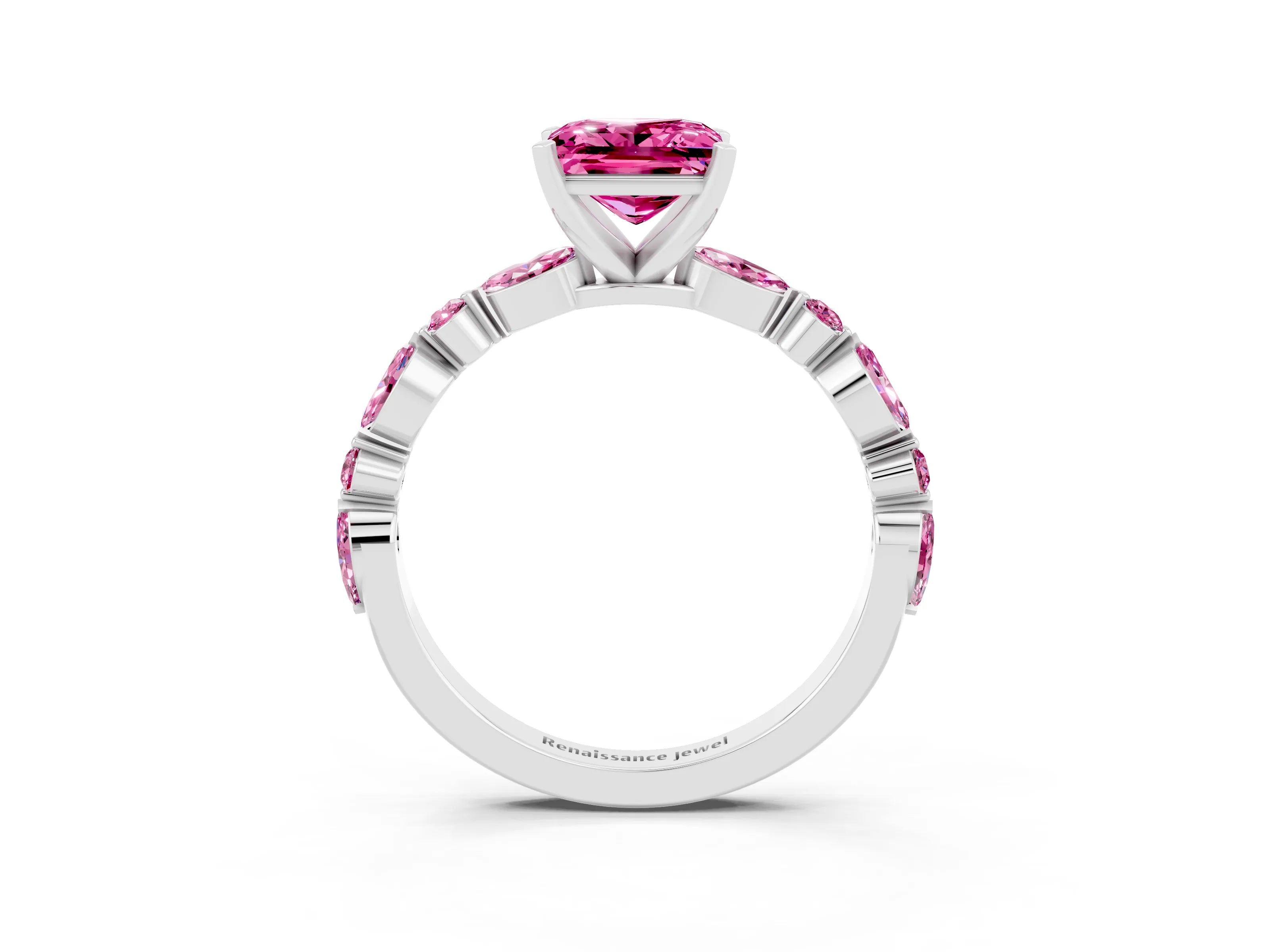 White gold Fancy White Princess Cut Pink Sapphire Solitaire with Side Stones on a Pavé Band and Four-Prong Setting_3