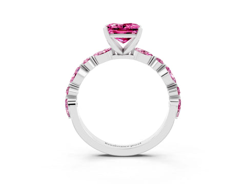 White gold Fancy White Princess Cut Pink Sapphire Solitaire with Side Stones on a Pavé Band and Four-Prong Setting_3