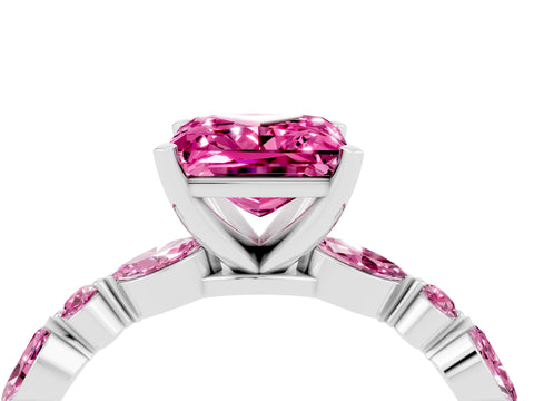 White gold Fancy White Princess Cut Pink Sapphire Solitaire with Side Stones on a Pavé Band and Four-Prong Setting_4