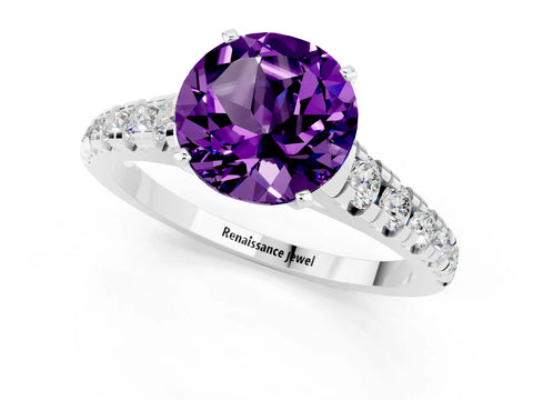 White gold Fancy White Round Cut Amethyst Solitaire Ring with Cathedral Setting and Pavé Band_1