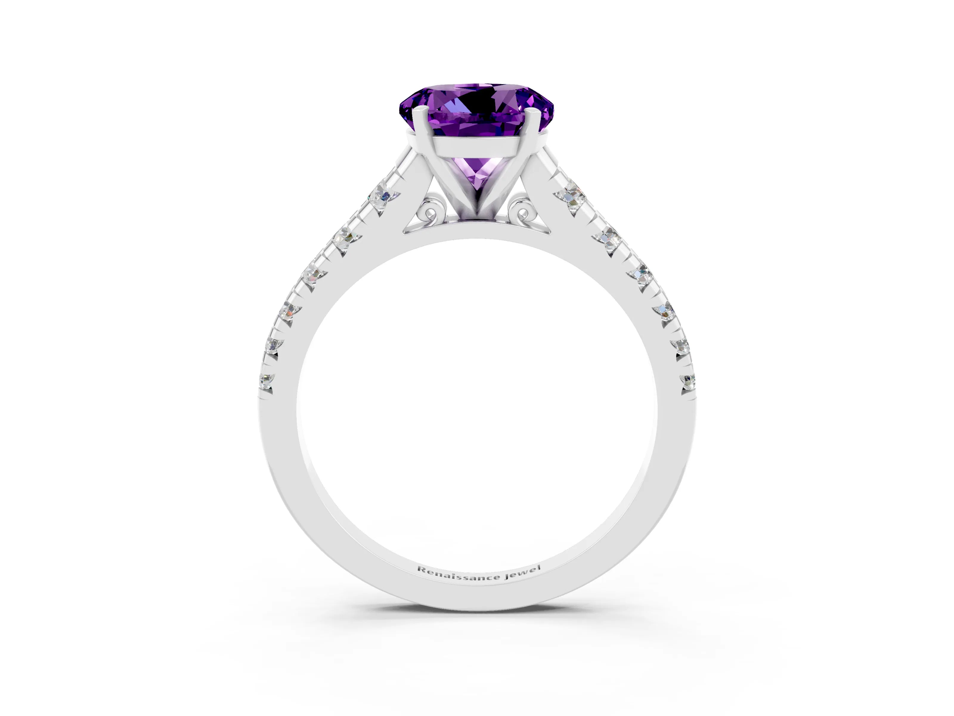 White gold Fancy White Round Cut Amethyst Solitaire Ring with Cathedral Setting and Pavé Band_3