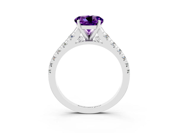 Platinum Round Cut Amethyst Cathedral Solitaire Ring with Round  Pavé Band