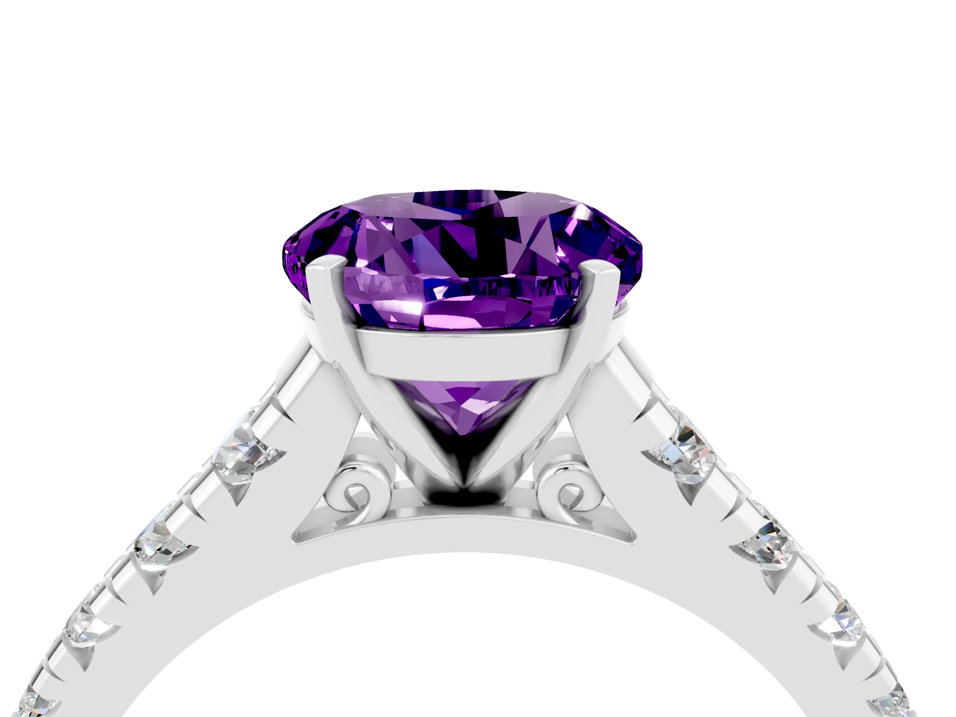 White gold Fancy White Round Cut Amethyst Solitaire Ring with Cathedral Setting and Pavé Band_4