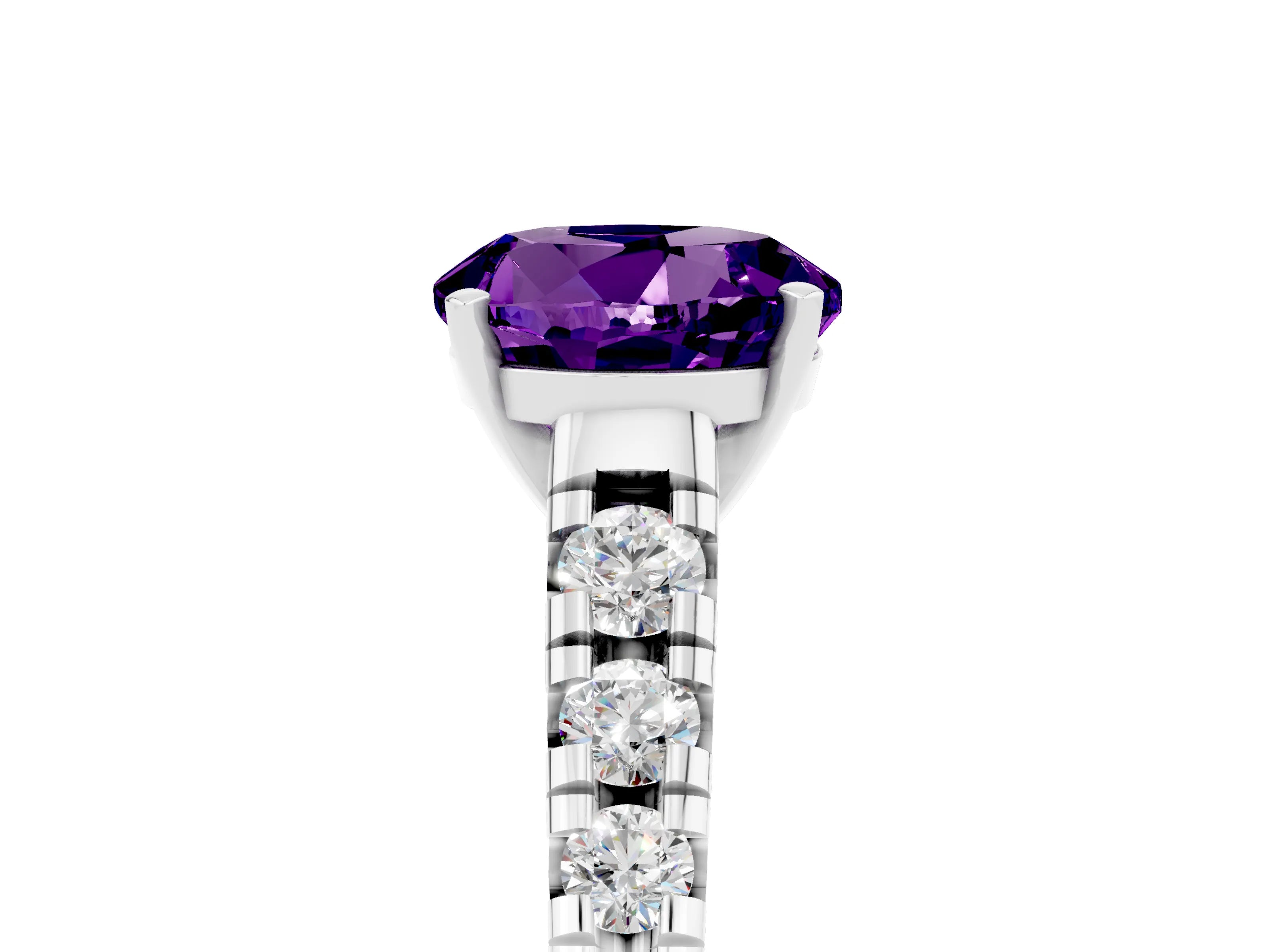 White gold Fancy White Round Cut Amethyst Solitaire Ring with Cathedral Setting and Pavé Band_5