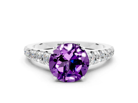 White gold Fancy White Round Cut Amethyst Solitaire Ring with Cathedral Setting and Pavé Band