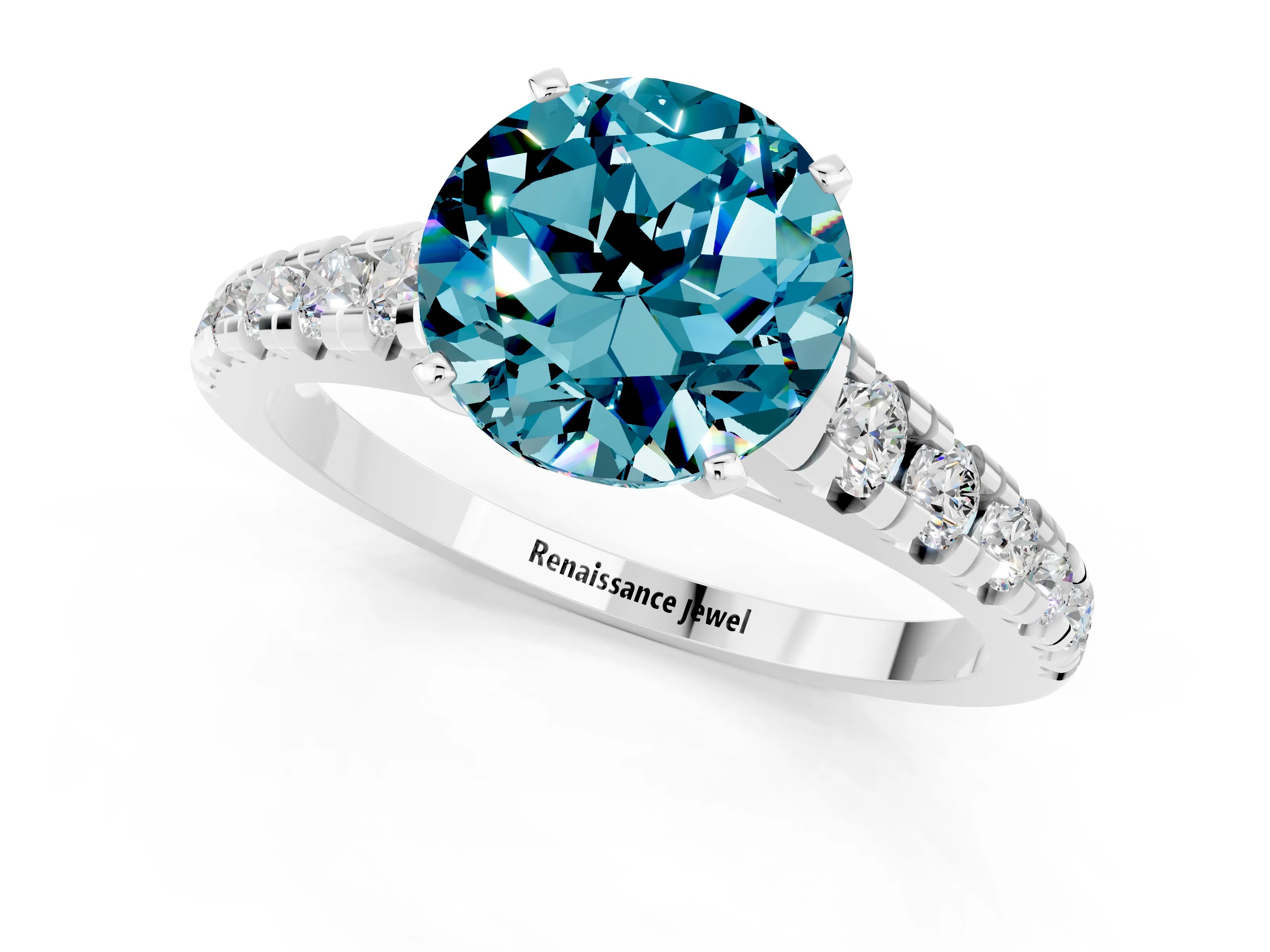 White gold Fancy White Round Cut Blue Topaz Solitaire Ring with Cathedral Setting and Pavé Band_1