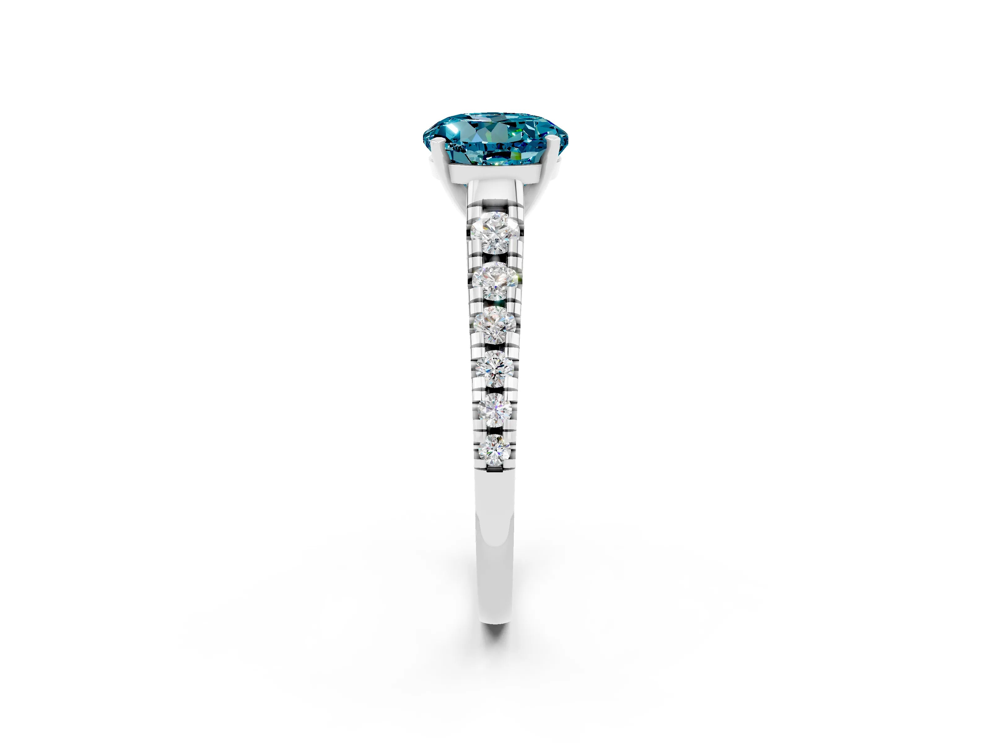 White gold Fancy White Round Cut Blue Topaz Solitaire Ring with Cathedral Setting and Pavé Band_2