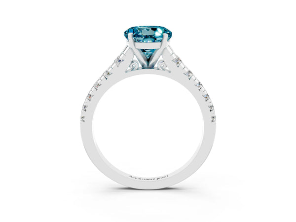 Platinum Round Cut Blue Topaz Cathedral Solitaire Ring with Round  Pavé Band