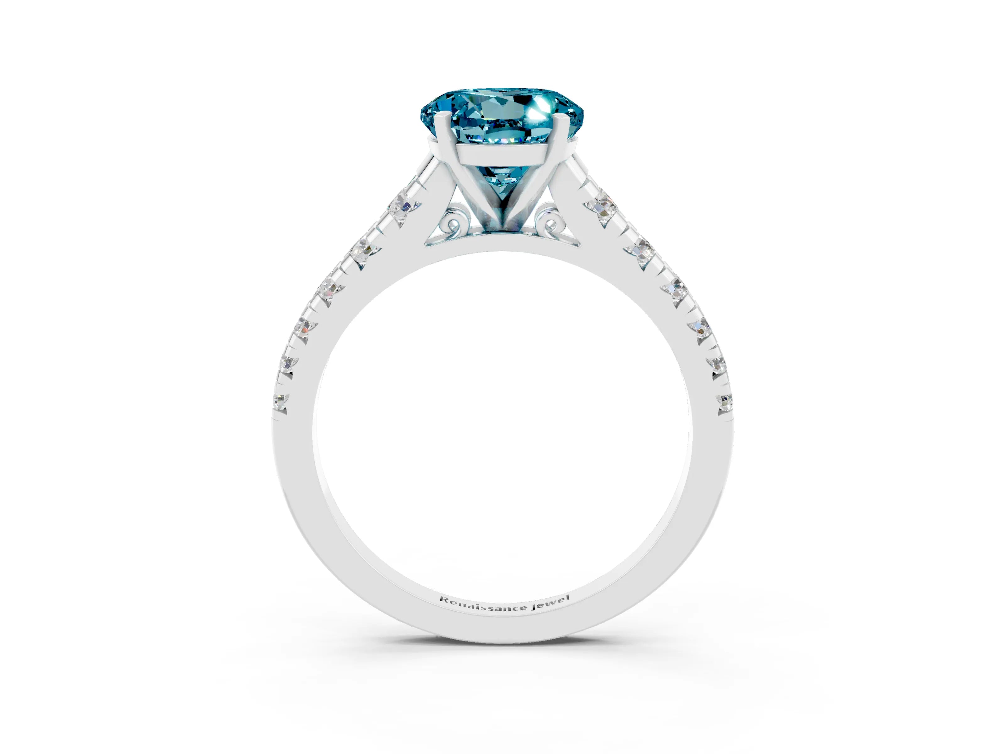 White gold Fancy White Round Cut Blue Topaz Solitaire Ring with Cathedral Setting and Pavé Band_3