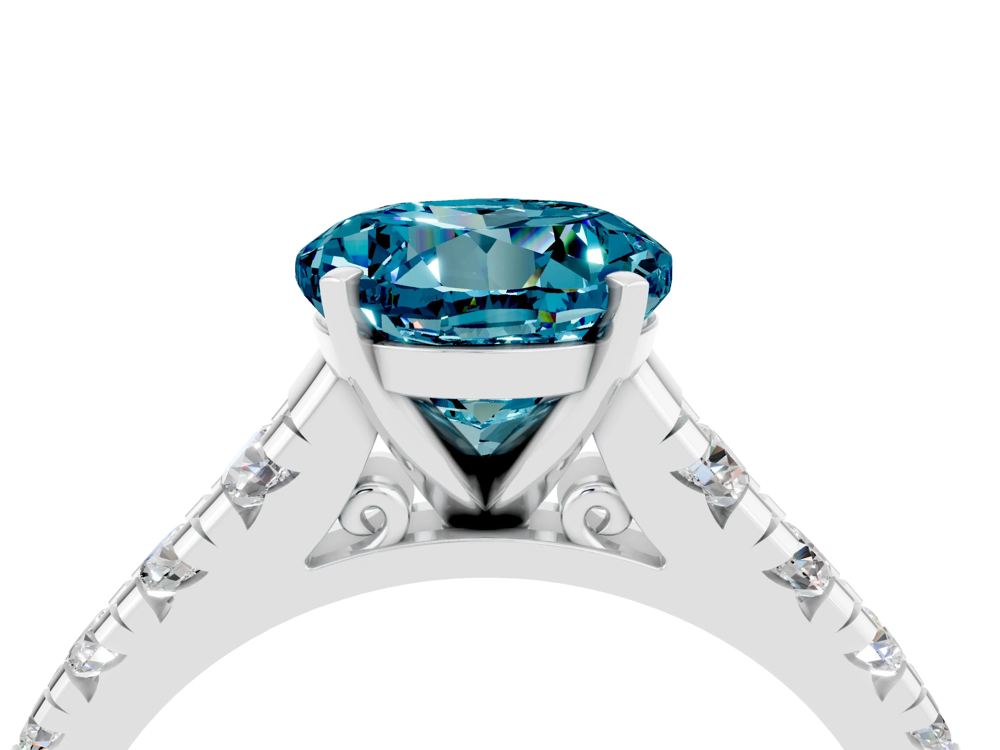White gold Fancy White Round Cut Blue Topaz Solitaire Ring with Cathedral Setting and Pavé Band_4