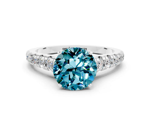 White gold Fancy White Round Cut Blue Topaz Solitaire Ring with Cathedral Setting and Pavé Band