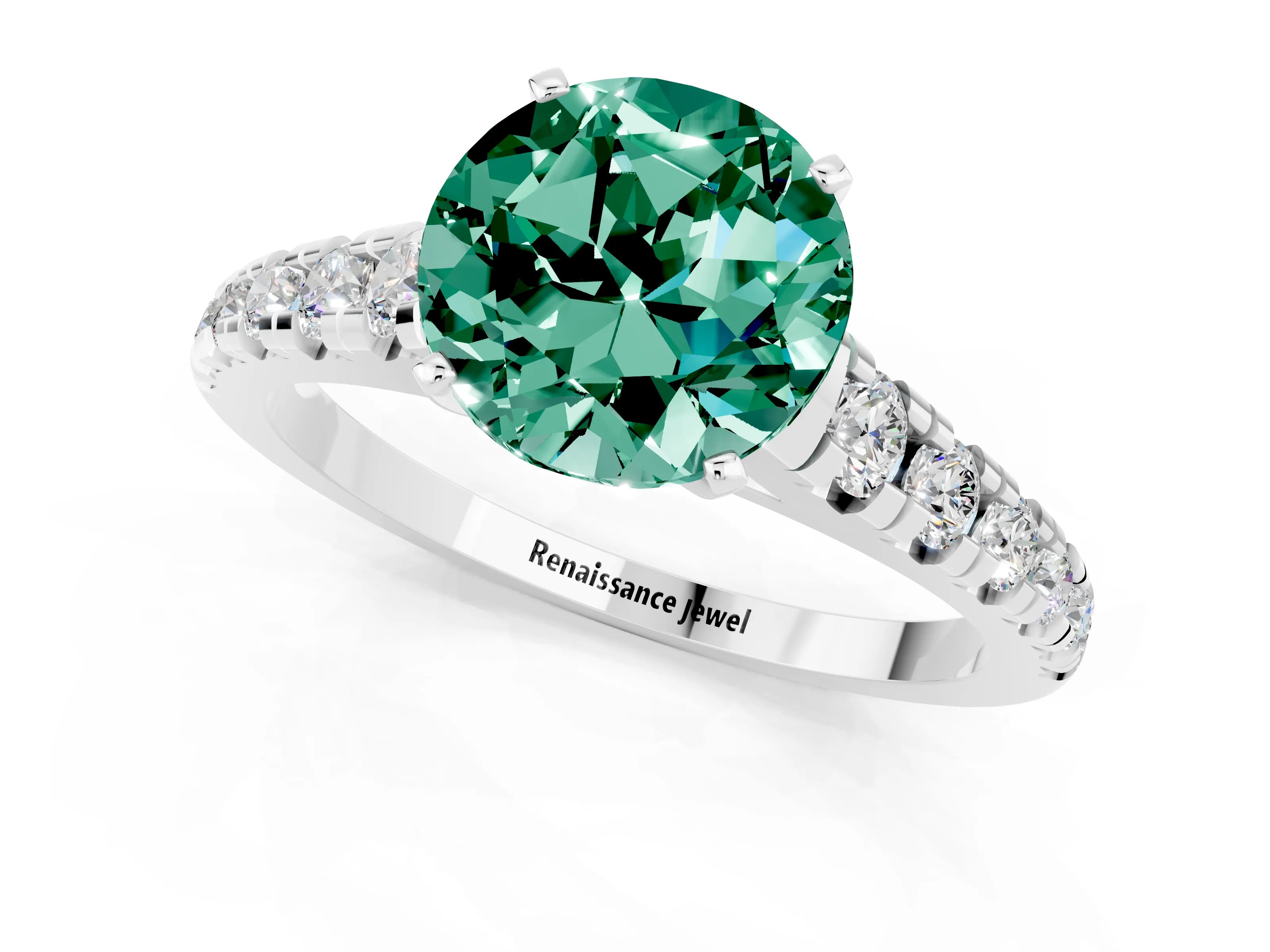 White gold Fancy White Round Cut Green Sapphire Solitaire Ring with Cathedral Setting and Pavé Band_1