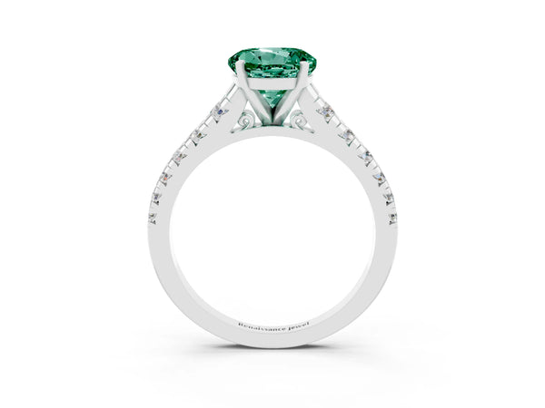 White gold Round Cut Green Sapphire Cathedral Solitaire Ring with Round  Pavé Band