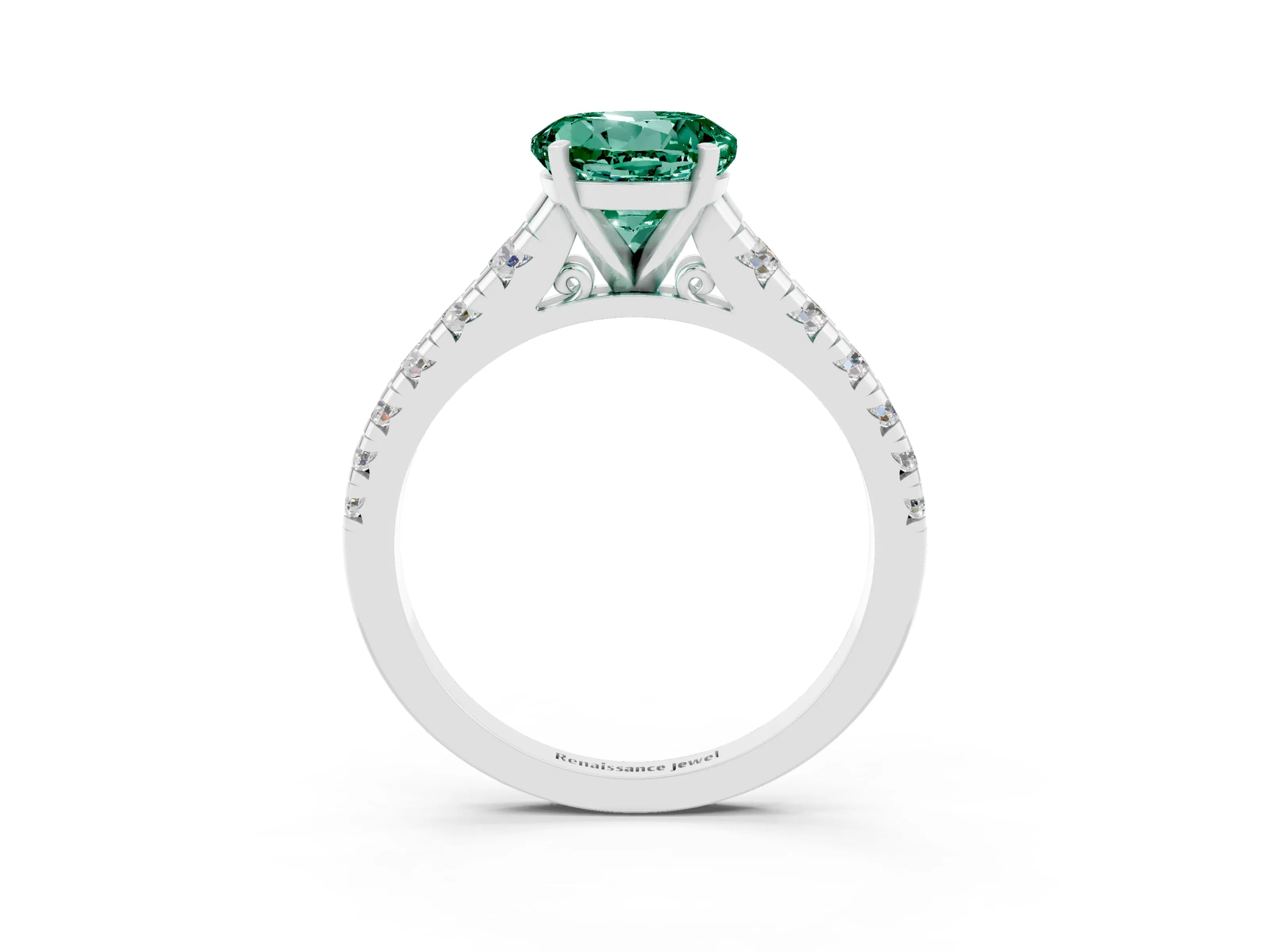 White gold Fancy White Round Cut Green Sapphire Solitaire Ring with Cathedral Setting and Pavé Band_3