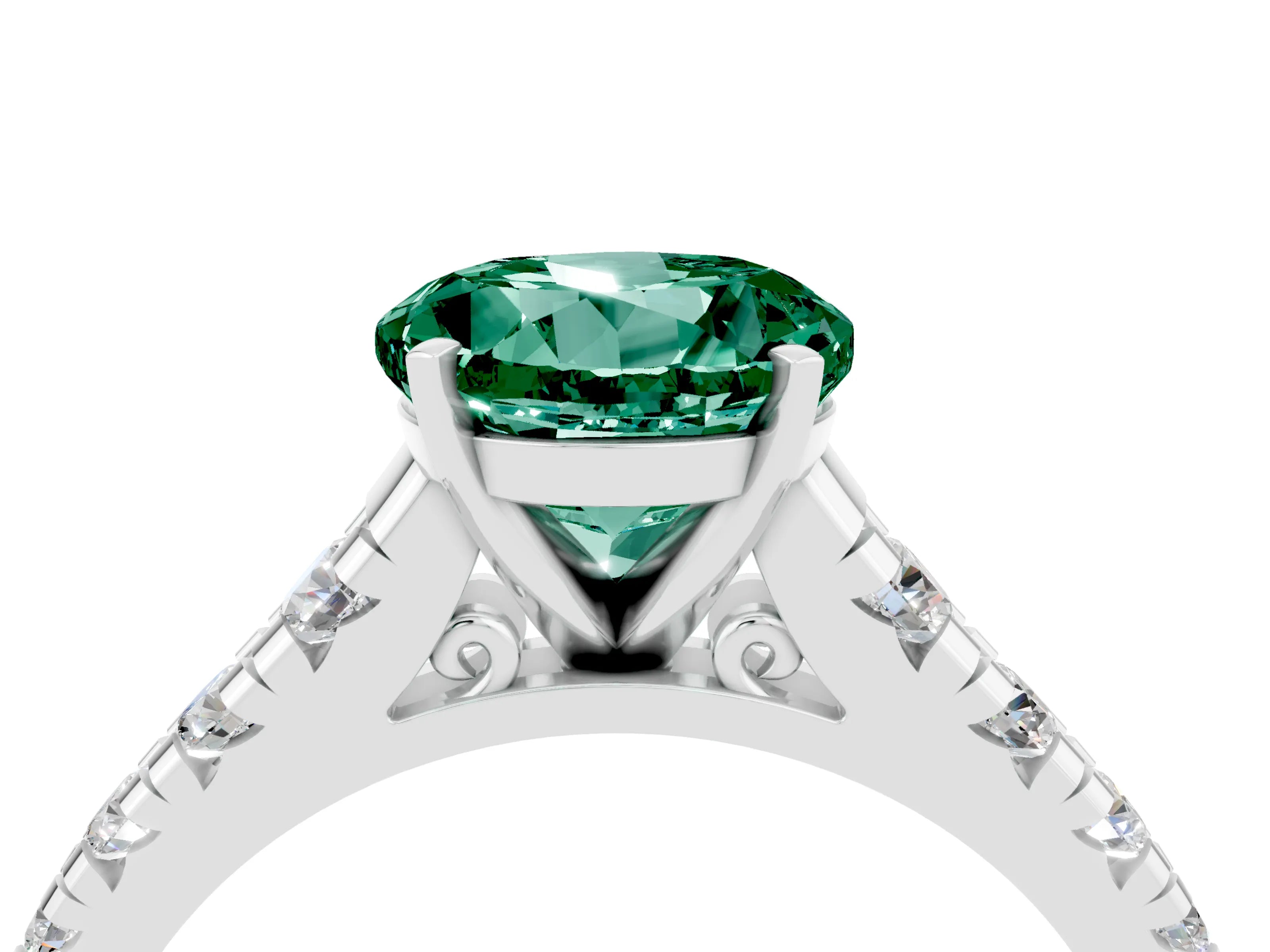 White gold Fancy White Round Cut Green Sapphire Solitaire Ring with Cathedral Setting and Pavé Band_4