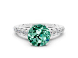 White gold Fancy White Round Cut Green Sapphire Solitaire Ring with Cathedral Setting and Pavé Band