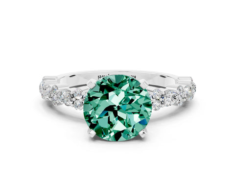 White gold Fancy White Round Cut Green Sapphire Solitaire with Side Stones, Pave Band, Four-Prong Setting
