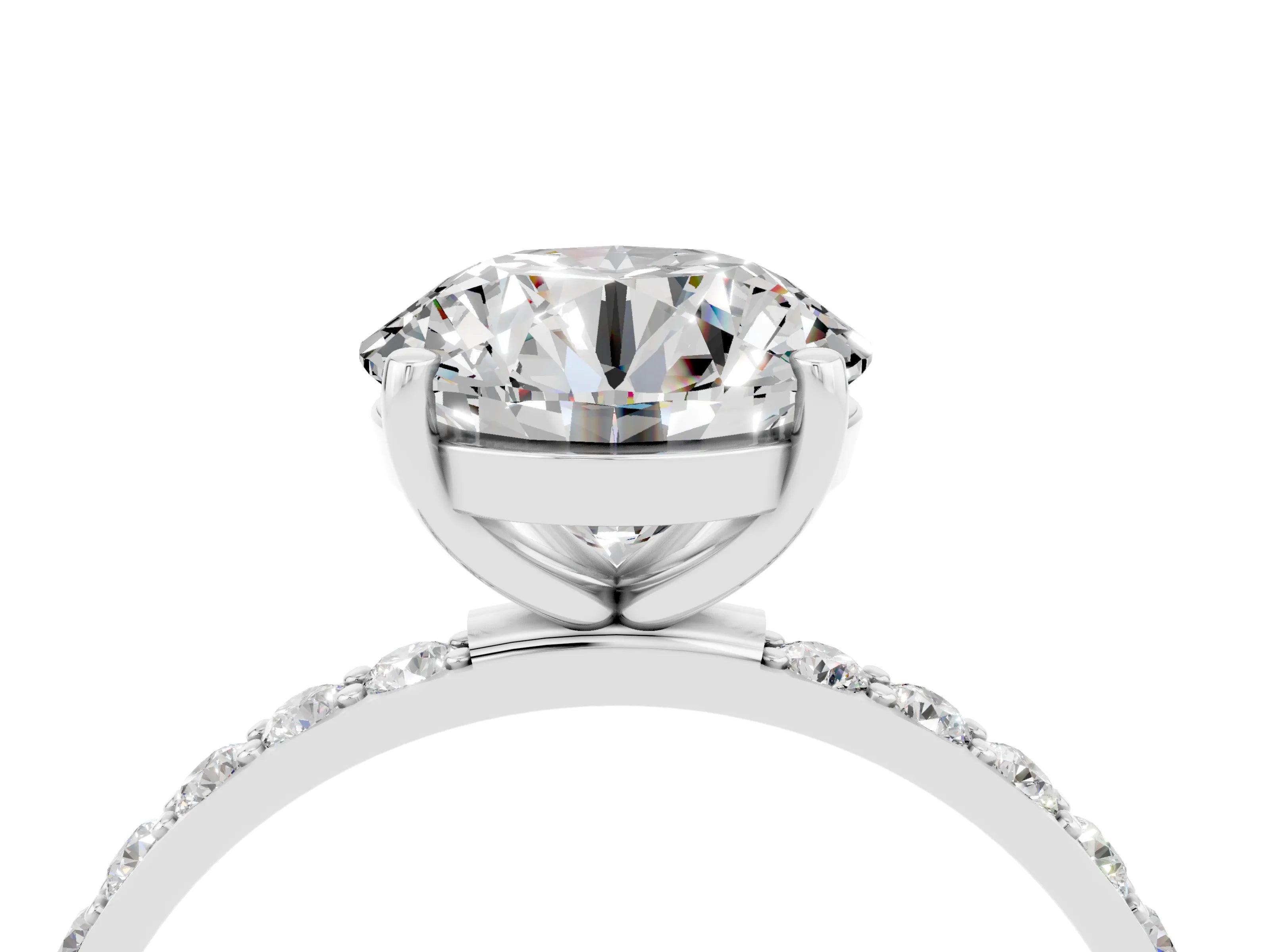 White gold Fancy White Round Cut Moissanite Solitaire Ring with Pave Band and Four Prong Setting_4