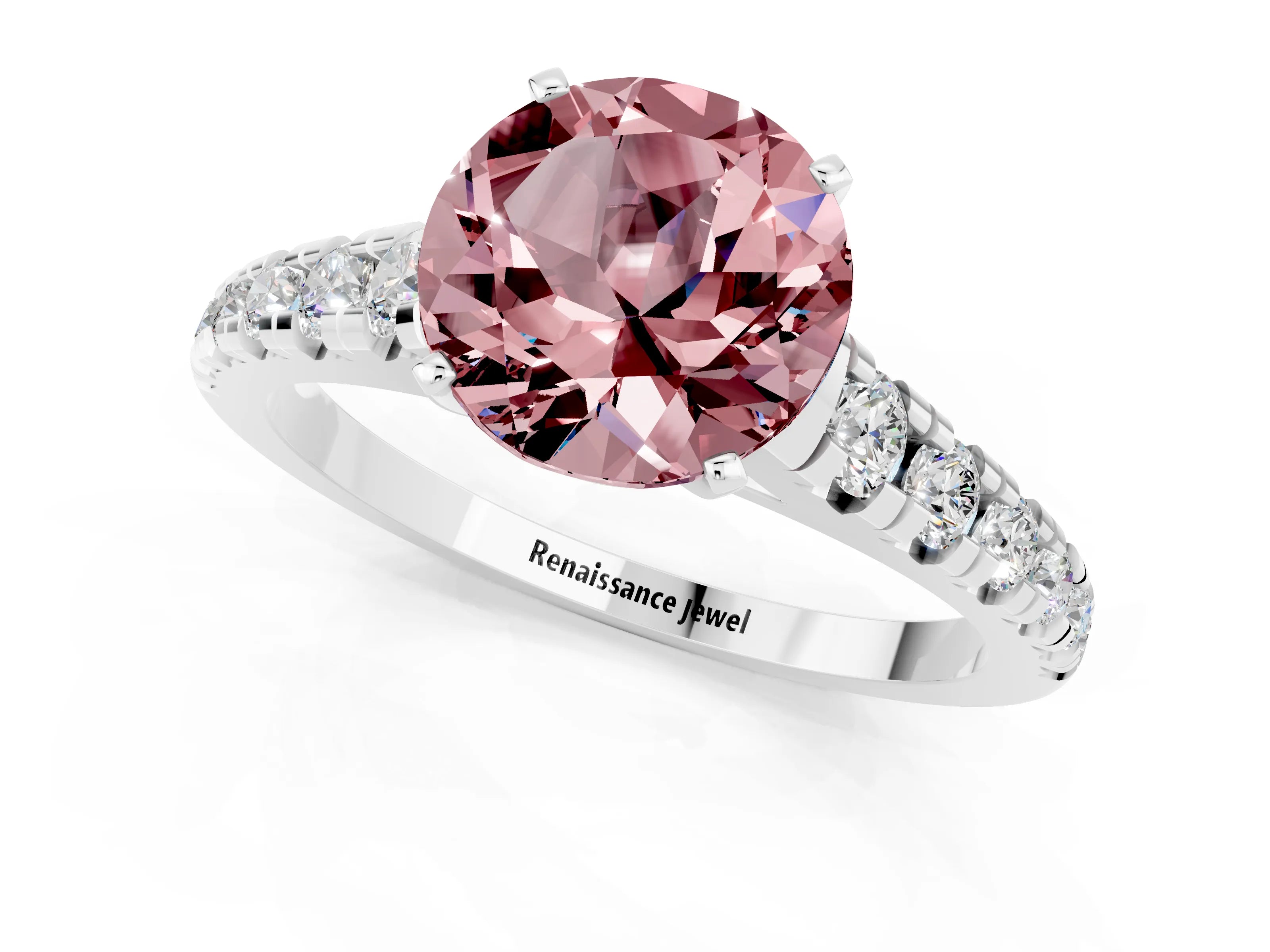 White gold Fancy White Round Cut Morganite Solitaire Ring with Cathedral Setting and Pavé Band_1