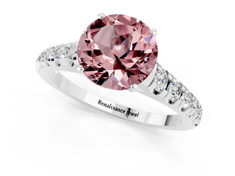 White gold Fancy White Round Cut Morganite Solitaire Ring with Cathedral Setting and Pavé Band_1
