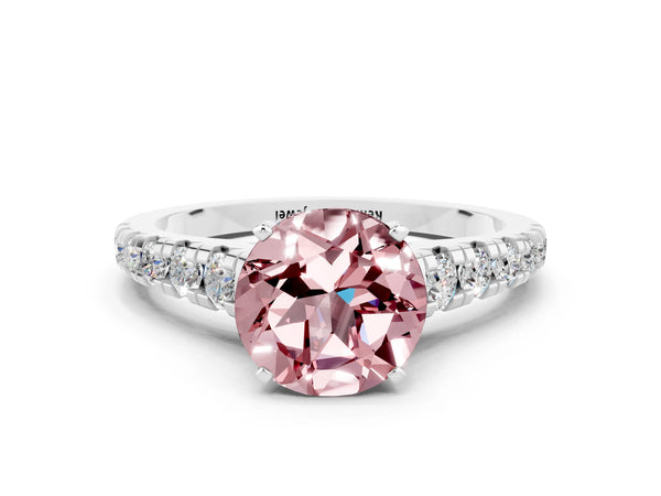 Silver Round Cut Morganite Cathedral Solitaire Ring with Round  Pavé Band