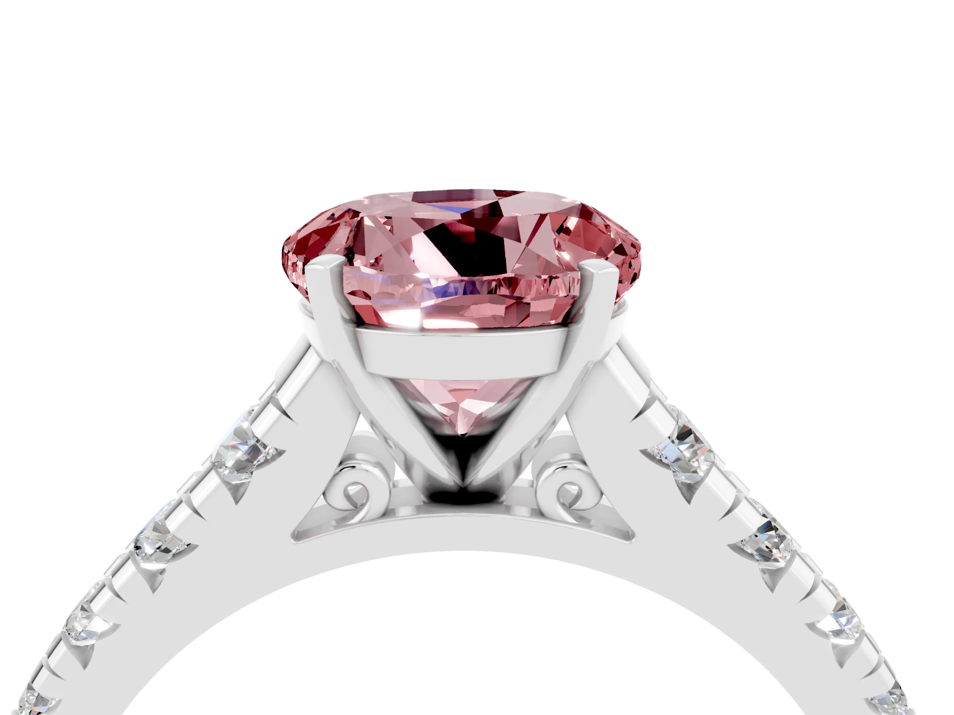 White gold Fancy White Round Cut Morganite Solitaire Ring with Cathedral Setting and Pavé Band_4