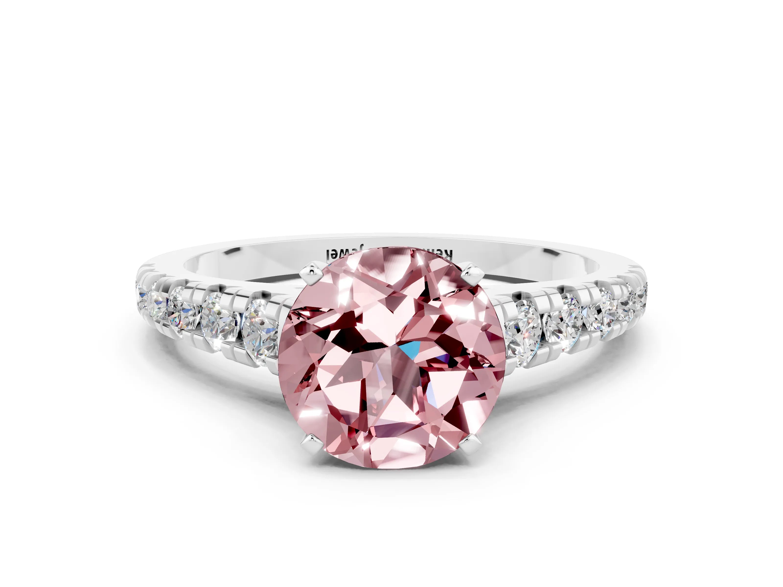 White gold Fancy White Round Cut Morganite Solitaire Ring with Cathedral Setting and Pavé Band