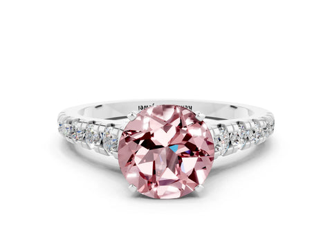 White gold Fancy White Round Cut Morganite Solitaire Ring with Cathedral Setting and Pavé Band